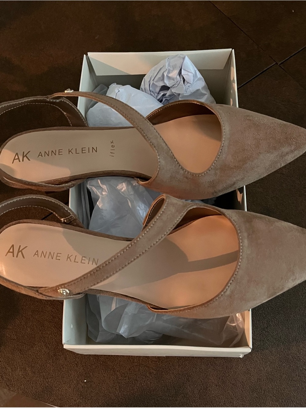 Anne Klein Taupe Suede Pointed Toe Slingback Mules